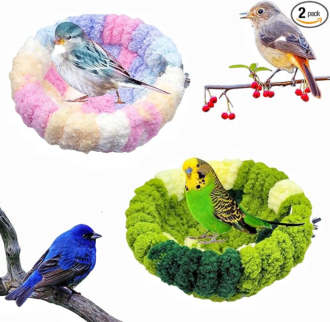 2 Pack Warm Bird Nest Bed for Cage Plush Hanging Parrot Bed Bird Snuggle Hut Hanging Sleeping Bird House for Parakeet, Conure, Budgie, Cockatiel, Lovebird, Finch, Hamster-Green&Pink