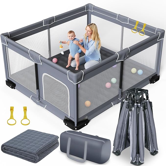 Jixrolyn Foldable Baby Playpen with Mat, Extra Large Playpen for Babies and Toddlers with Gate, Portable Baby Yard, Indoor & Outdoor Play Area 71"x59"