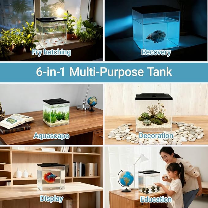 0.8-Gallon Cube Small Fish Tank, Shatterproof Plastic Fish Tank with LED Lighting, Temporary Fish Bowl for Fry, Isolation, Education & Decoration