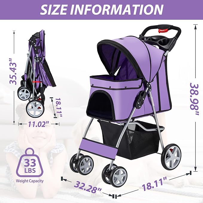 Unisakey 4 Wheels Pet Stroller for Small Medium Dogs Cats 10-33 lbs, Foldable Dog and Cat Stroller with Cup Holder & Storage Basket & Breathable Mesh, Pet Strolling Cart for All-Season, Purple