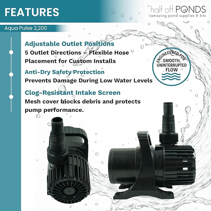 HALF OFF PONDS Submersible Water Pump, 2,200 GPH Pond Pump with 20FT Power Cord and 15FT Max Head, 120W Ultra Quiet Energy Efficient Pump for Koi Pond, Fountain, Waterfall, Water Garden, Skimmer