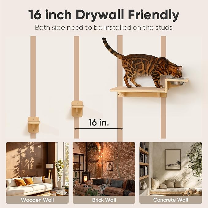 FUKUMARU Cat Wall Shelves, 3 in 1 Cats Walls Furniture Set, Food Station with 2 Steps, Birch Plywood Perch, Suitable for Kitten Play, Nap, Eat, DIY Wall Jungle Gym