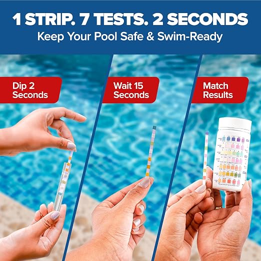 150 Pool Test Strips for Inground Pool // 7-in-1 Pool Water Test Strips | Full Pool Chemical Test Kit: Chlorine, pH Strips & 5 More // Pool Strips Ideal for Above Ground Pool, Hot Tub & Spa