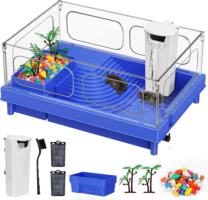 Small Turtle Tank with Filter for Baby Turtles | Blue Clear-Panel Habitat, with Basking Platform and Bottom Drain, Low-Water Starter Aquarium, for Crabs and Small Reptiles