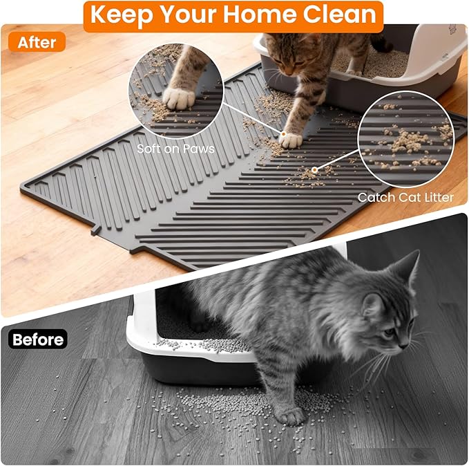 Cat Litter Mat, Large 34" x 22" Litter Trapping Mat, Silicone Litter Mat for Litter Box, Waterproof Foldable & Easy Clean, Scatter Control, Soft on Paws, Gray