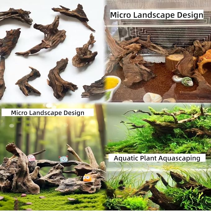Natural Aquarium Decoration Driftwood Tree Trunk with Rockery View, Unique Dead Wood Root Hideouts for Fish & Reptiles, Landscape Enhancer (Random Shape, 10-15cm Length, 3-Pack)