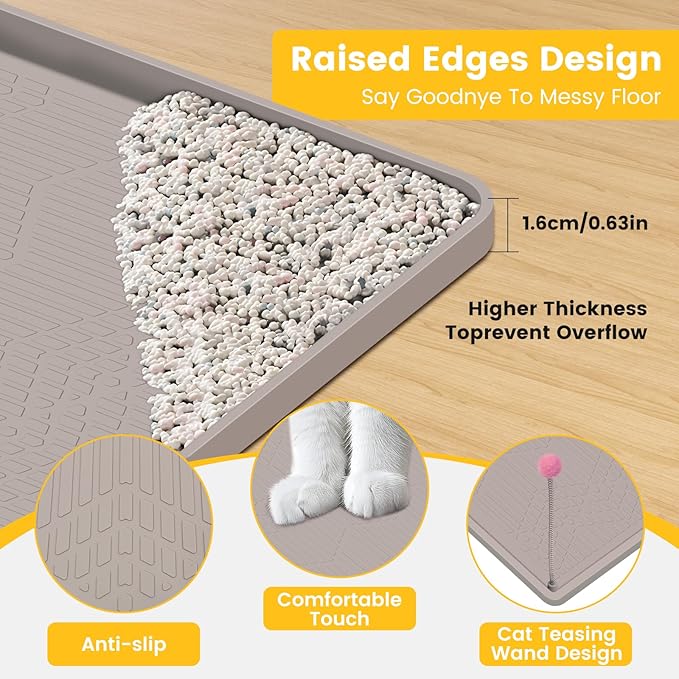 Cat Litter Mat, 38"X25" Large Litter Box Mat, Waterproof and Easy to Clean Silicone Cat Mat for Litter Box, Mat Litter Trapping Mat for Scatter Control, Keep the Floor Clean (Khaki)