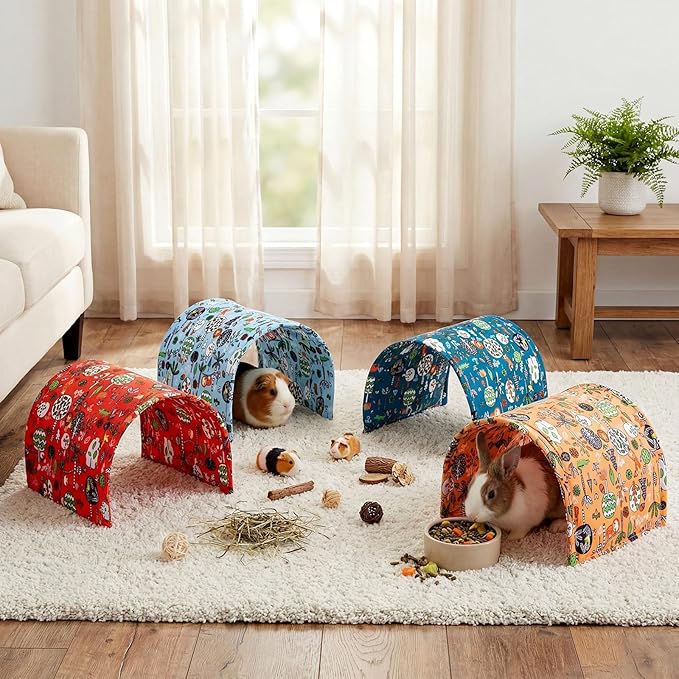 BreezeHug 4 Pcs Guinea Pig Tunnel Foldable Rabbit Hideout Washable and Soft Bunny Hide House Ferret Tunnel Toys Cage Accessories for Small Animal Hamster Hedgehogs Chinchilla(Doodle Forest)