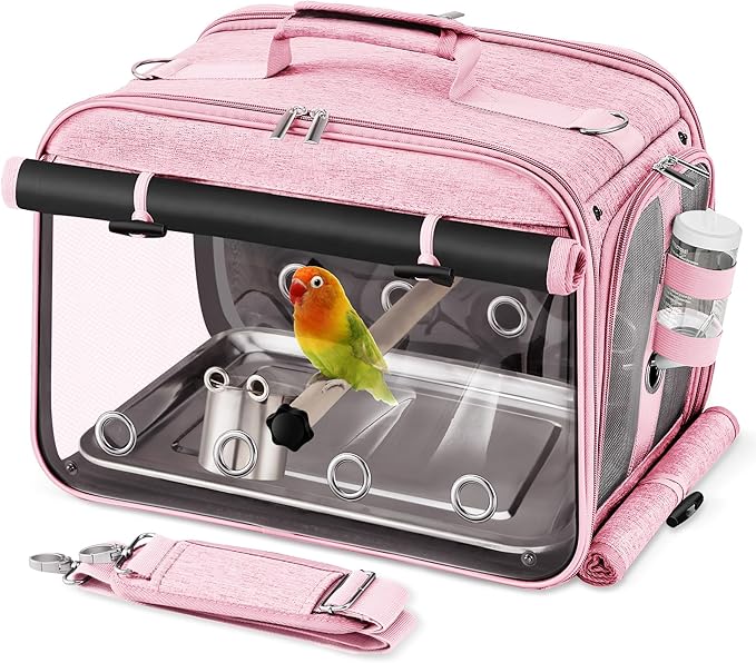 Bird Carrier Airline Approved, Bird Travel Cage with Indestructible Stainless Steel Mesh, Bird Travel Bag Lightweight and Portable with Water Bottle and Bowl