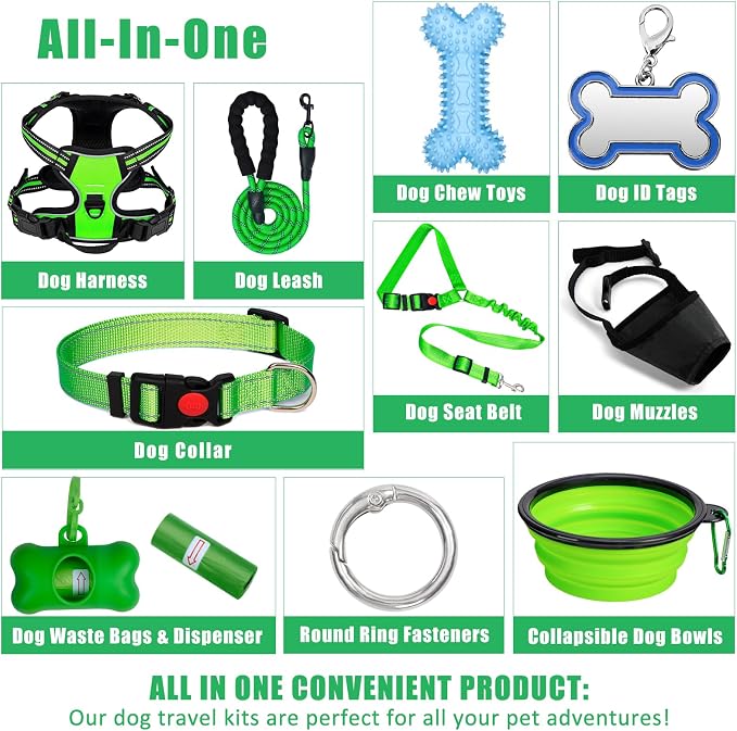 No Pull Dog Harness Adjustable Collar & Leash Set - Dog Halter Harnesses Collapsible Bowls & Poop Bag Dispenser Muzzle ID Tags Toys Fits Small Medium Large Dogs (Green-L)