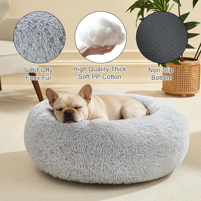 Dog Bed Calming Beds for Small Medium Dogs - Round Donut Washable Dog Bed, Anti-Slip Faux Fur Fluffy Donut Cuddler Anxiety Cat Bed(Light Grey 24")