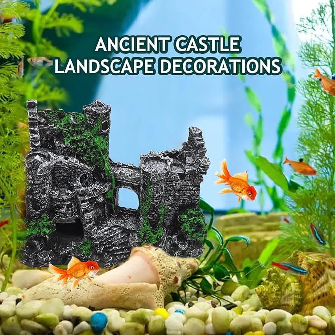 Aquarium Resin Castle Decor, Large Ancient Stone Castle Fish Tank Ornament with Caves & Tunnels, Realistic Hideout for Betta Fish, Guppies, Shrimp, Turtles (Freshwater & Saltwater Safe)