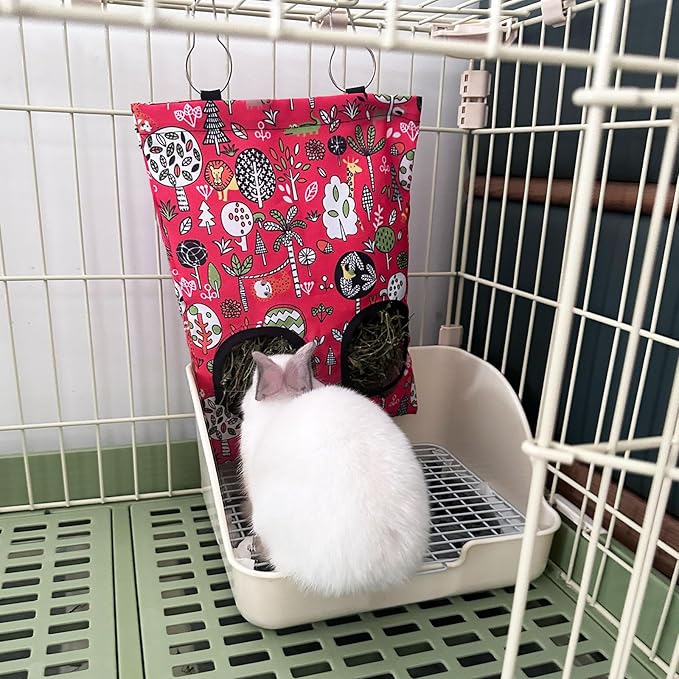 Rabbit Hay Feeder Bag, Guinea Pig Hay Feeder for Cage Small Animal Hanging Feeding Bags Rabbit Hay Dispenser Storage for Rabbits Guinea Pigs Bunnies Chinchillas (Red,Dark Blue, 2 Hole)