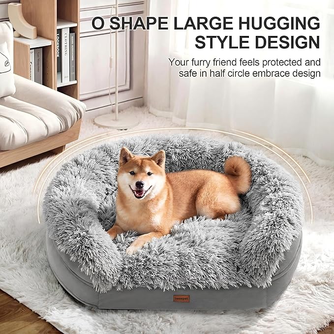 iweepet 3.7 inch Thickened Orthopedic Dog Beds for Extra Large Dogs, Fluffy Supportive Dog Sofa Bed with 28D Egg-Crate Foam, Removable Washable Cover, Waterproof Lining, Cozy Oval Design,Grey