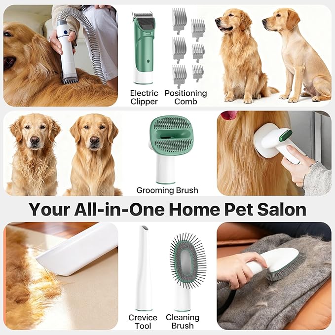buenkee Dog Grooming Kit with Vacuum, 15000Pa Pet Hair Clipper and Shedding Brush, 50dB Low Noise, 2L Capacity, Green