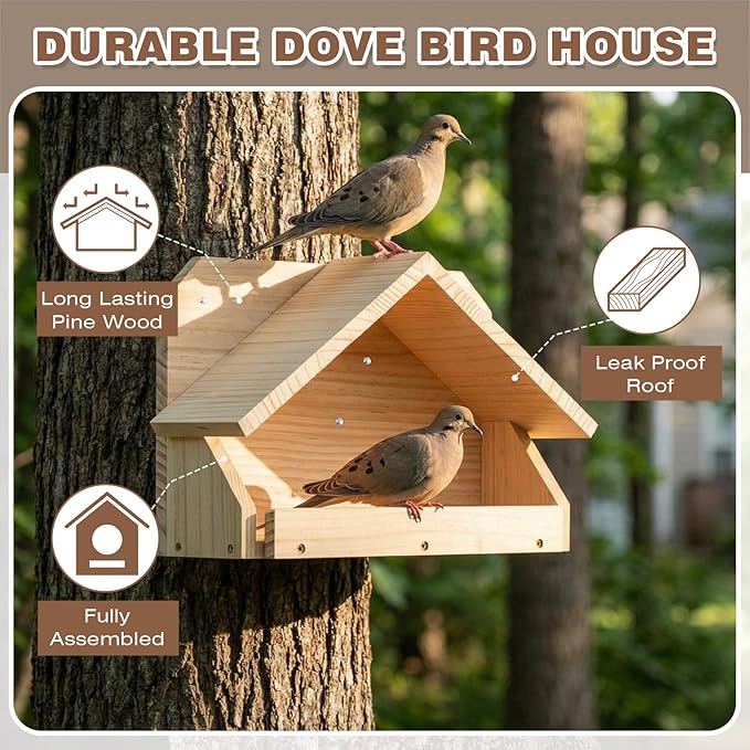 Briwooody Wooden Open Mourning Dove Nesting Box for Outside Dove Bird House 14 H x 10 W x 5.3 L Inches Bird Nesting and Roosting Platform Hanging Birdhouse Garden Decoration (Triangular Roof, Brown)