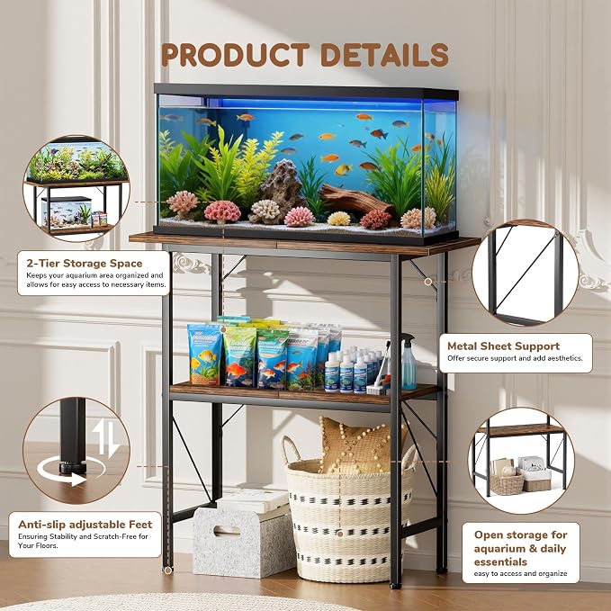 10-30 Gallon Fish Tank Stand with Storage Shelves, 2-Tier Aquarium Stand with Metal Frame, Heavy Duty Reptile Turtle Tank Stand for Home Office, 30" L x 11.8" W x 30.5" H, Rustic Brown