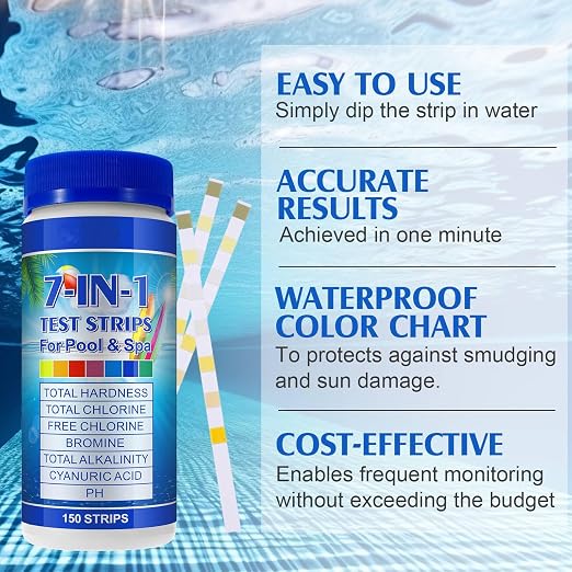 Pool Test Strips 7-in-1 (150Pcs)| Hot Tub Test Strips for Swimming Pool & Spa | Pool Water Testing Kit for Chlorine, Bromine, Ph, Hardness, More - All in 1 Swimming Pool Test Strips