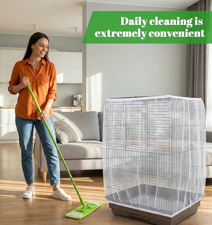 Bird Cage Netting Seed Catcher, White Adjustable Large Bird Cage Seed Catcher Stretchy Birds Cages Cover, Easy to Install, Fits Most Cages, Ideal for Parrots Enclosures