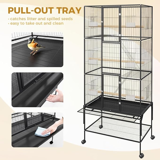 69 Inch Tall Parrot Cages for Large Birds, Three-Level Rolling Parakeet Cage with Storage Shelf Perches Feed Bowls, Bird Flight Cage, Large Bird Cages for Parrots Macaws Conures Cockatiels Parakeets