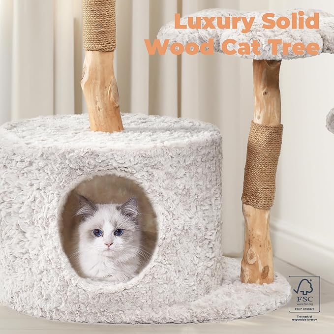 Easyego Modern Cat Tree, 39.9" Aesthetic Wood Cat Tree Tower for Large Cats, Luxury Cat Condo with Scratching Posts and Flower Platforms, Cat Furniture, Bullet Gray