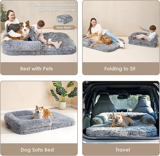 EHEYCIGA Foldable XXL Dog Bed for Large Sized Dog, 54"x38"x7.5" Faux Fur Fluffy Pet Couch Bed, Orthopedic Calming Memory Foam Big Pet Bed, Washable Pet Sofa Bed with Non-Slip Bottom, Grey