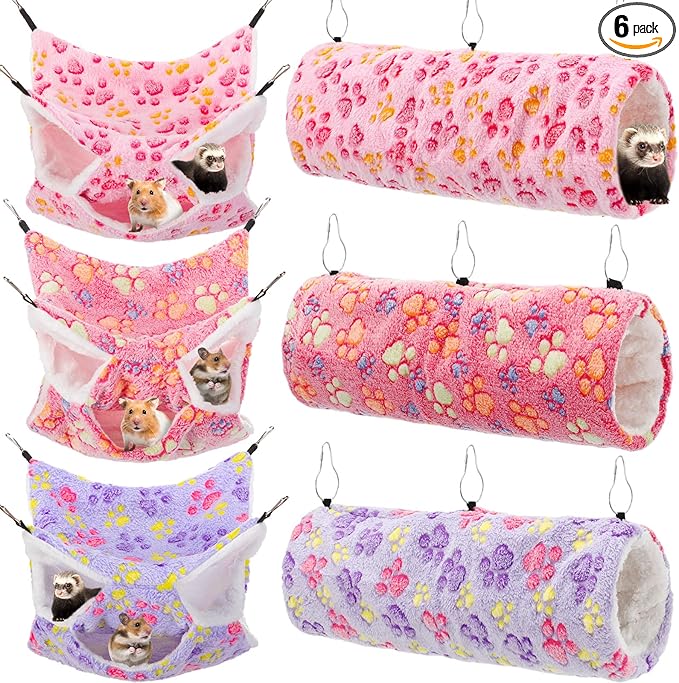 Sweetude 6 Pcs Rat Hammock Set Ferret Hanging Tunnel 3 Tier Guinea Pig Hammocks Hideout Soft Chinchilla Bed for Cage Accessories Hide,Play and Sleep(Dreamy,Paw)