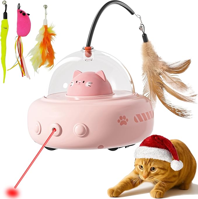 hooroor 2-in-1 UFO Laser Cat Toy with Feather, Automatic Motion Smart Sensor Interactive Toy for Indoor Cats&Small Dogs, Rechargeable Obstacle-Avoidance Exercise Toy, Self-Play Pet Gift Pink Updated