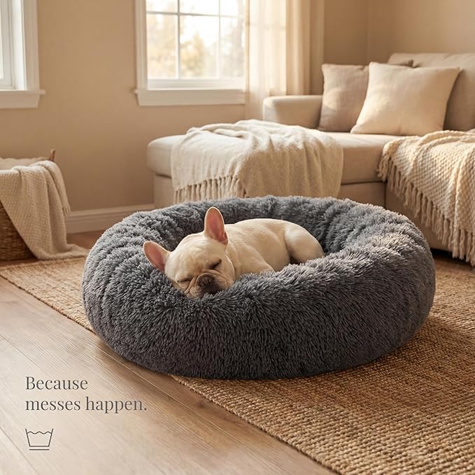 Calming Donut Dogs Beds for Medium Dogs up to 45 lb,30inch Anti-Slip Plush Round Dog Bed with Raised Rim,Fluffy Faux Fur Pet Bed for Cozy Sleep,Dark Grey