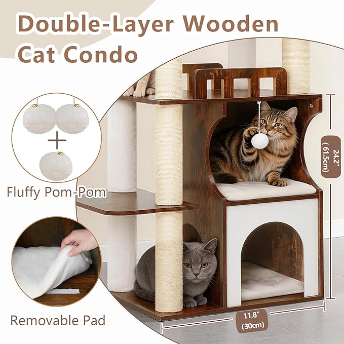 Gitelsnour Cat Tree, 70.9 Inch Wood Cat Tower for Large Cats Adult, Modern Cat Furniture with Double-Layer Wooden Cat Condo, 2 Platforms, Large Hammock and Scratching Posts, Rustic Brown GCT102SR