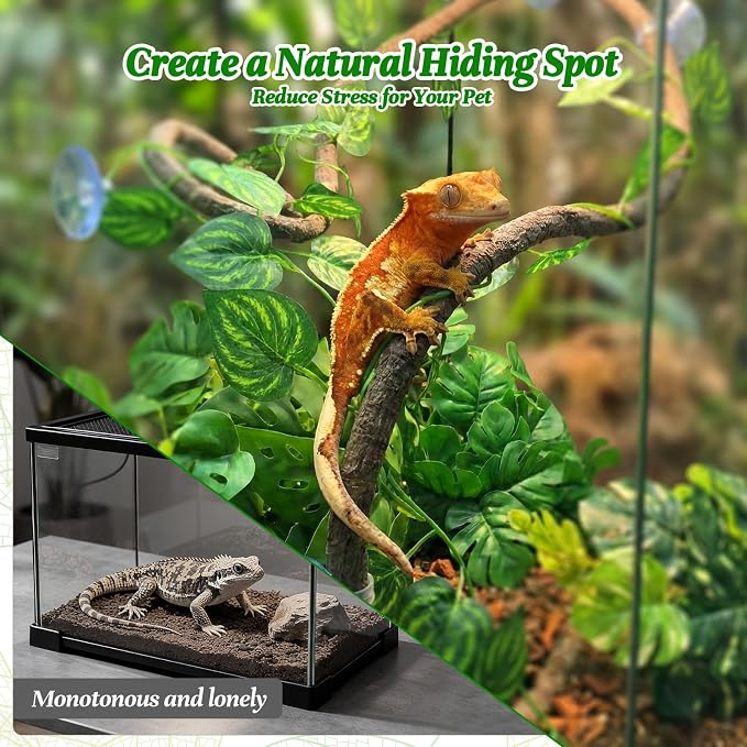 5 Pcs Reptile Plants & Habitat Decor Kit - 3 Artificial Plants & Large 5ft Jungle Vine Branch, Amphibian Habitat Hideout Tank Decorations fit Crested Gecko Leopard Lizard Chameleon Ball Python Frog
