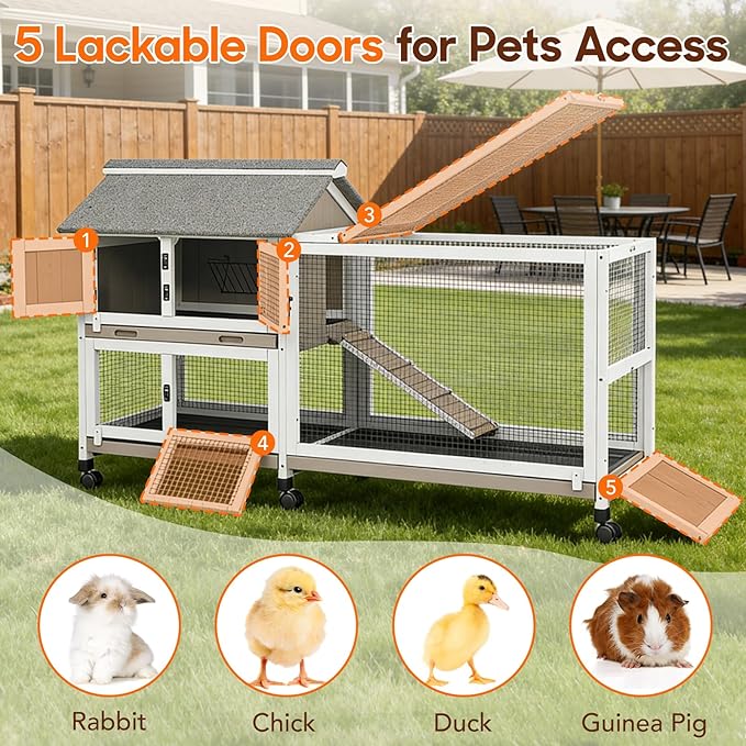59 in Rabbit Hutch Indoor Bunny Cage, with 3 Leak-Proof Removable Trays, Expandable 2-Story Wooden Waterproof Roof Bunny House Outdoor Chicken Coop