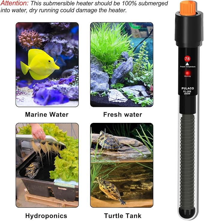300Watt Aquarium Heater for 50-70 Gallon Fish Tank, Adjustable Submersible Heater Thermostat with Thermometer Strip and Suction Cup