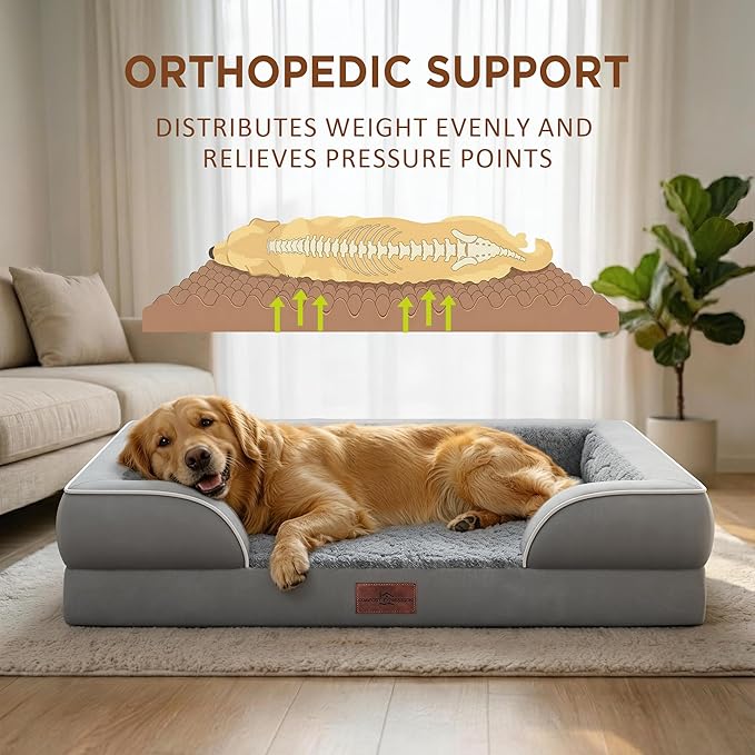 Comfort Expression Orthopedic Dog Bed for Large Dogs 36x27 Inch, Waterproof Supportive Egg Crate Foam Large Pet Bed with Removable Bolsters, Dog Couch with Washable Cover & Non-Slip Bottom, Grey
