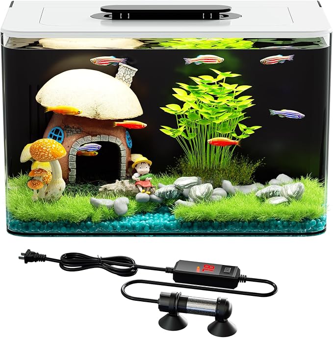 Betta Fish Tank Kit 2.5 Gallon with Heater Hidden Filtration Light Acrylic | Dry-wet Separation Filtration, Self-cleaning, Ultra-quiet, 3 Color Light, 10 Brightness, Adjustable Water Flow, Round Corner
