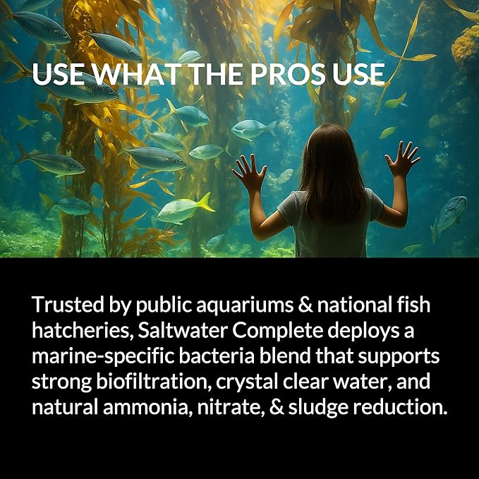 Saltwater Complete – Live Nitrifying Bacteria Blend for Saltwater & Reef Aquariums - Instant Cycle Marine Tank Starter - Removes Ammonia Nitrite - Clarifier - Safe for Fish Coral Invertebrates - 32oz