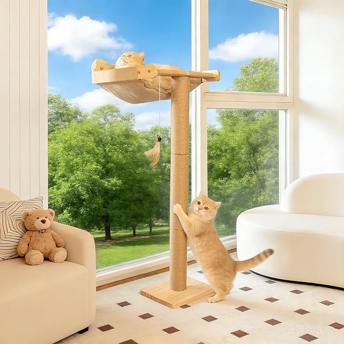 Cat Window Perch Hammock with 3-Piece Detachable Sisal Scratching Posts, Drill-Free Suction Cup Mount, Multi-Level Climbing Perch for Bird Watching, 45 LBS Capacity