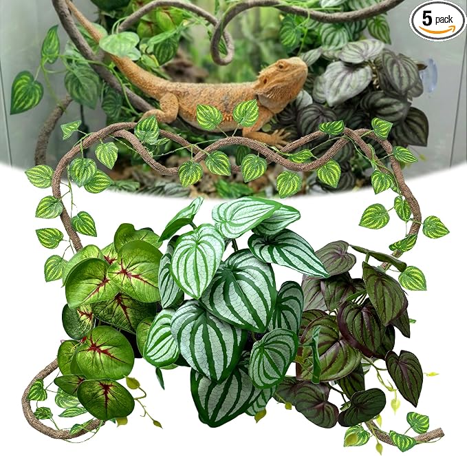 5 Pcs Reptile Plants & Habitat Decor Kit - Artificial Plants & Large 3.3ft Jungle Vine Branch, Artificial Leaves with Suction Cup Tank Decor Accessories for Crested Gecko, Lizard, Snake,Forg,Tortoise