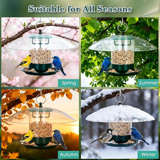 Gbekery Metal Bird Feeder for Outdoor Hanging with 12” Weatherproof Dome, Weather Resistant Wild Bird Feeder with 360 Degree Feeding Tray, Green
