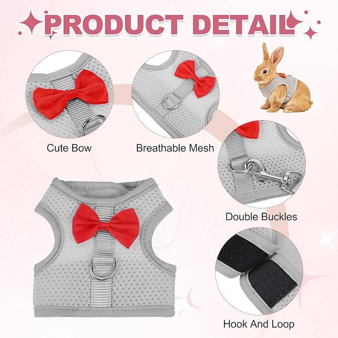 Rabbit Harness and Leash, Small Pet Cute Vest Harness Leash Soft Adjustable Buckle Breathable Mesh (S, Gray) for Bunny Kitten Small Pig Puppies Camping Hiking Training