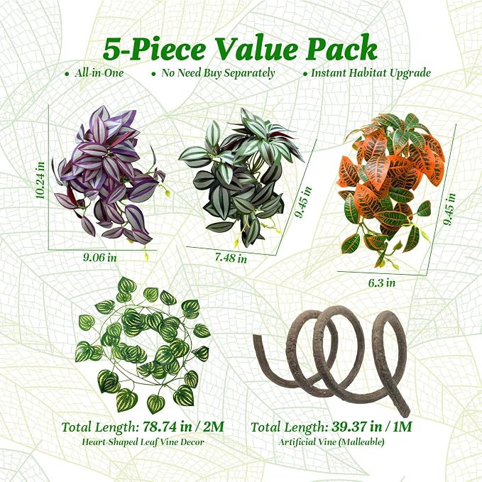 5 Pcs Reptile Plants & Habitat Decor Kit - 3 Artificial Hanging Plants & Large 3.3ft Jungle Vine Branch, Terrarium Tank Climbing Accessories for Crested Gecko, Bearded Dragon, Lizard, Snake, Chameleon