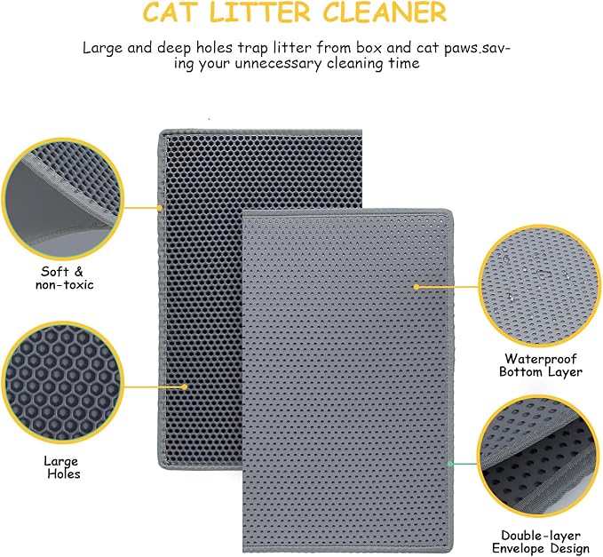 Cat Litter Mat, Litter Box Mat, Large Double Layer Waterproof Proof Trapping mat, Non-Slip Design, Kitty Litter Rug, Cat Supplies, Easy to Clean, 24x15 Inch, Grey, Pack of 2