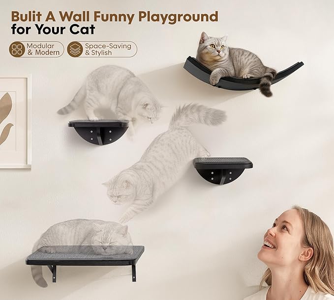 Cat Wall Shelves Set of 2, Black Solid Wood Cat Window Perch with Grey Sisal Cushion, Wall-Mounted Space-Saving Climbing Bed, Lounging Shelf for Kittens & Cats, Black Furniture for Indoor