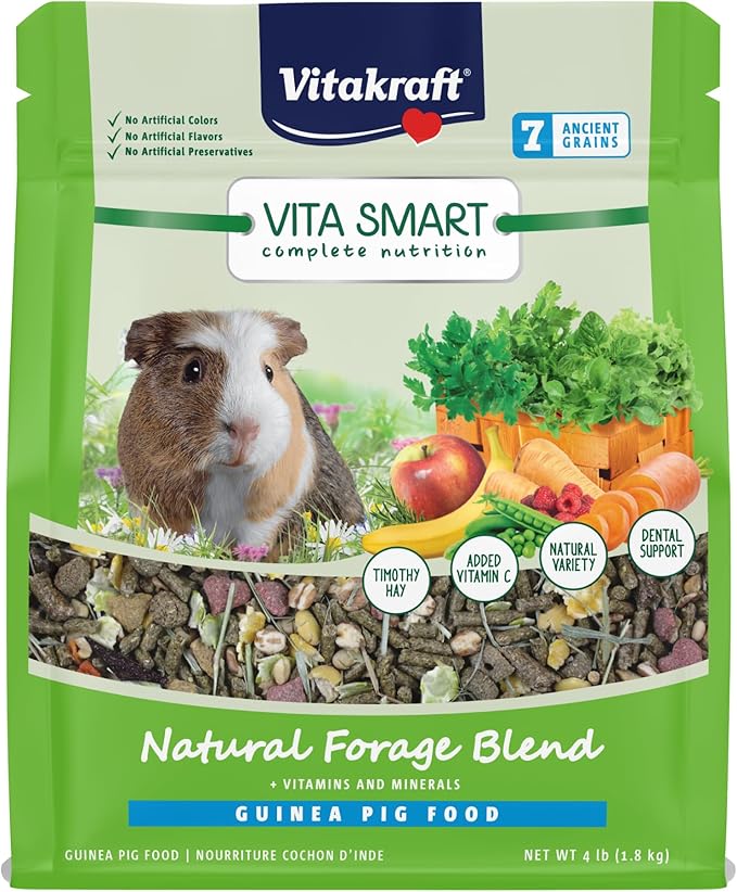 Vitakraft Vita Smart Guinea Pig Food – 4 lbs Bag - High Fiber Timothy Hay – with Vitamins Minerals, Probiotics for Engaging Foraging and Daily Nourishment - Includes Fruits, Vegetables and Vitamin C