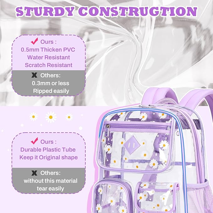 PIG PIG GIRL Clear Backpack for School,Heavy Duty PVC Transparent Bookbag for Girls Stadium Approved See Through Backpack