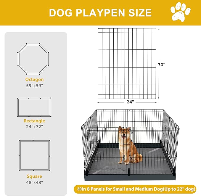 Dog Playpen, Foldable Metal Puppy Play Pen with Bottom Pad, 24x30in 8 Panels Dog Playpen with Door for Indoor Outdoor, Heavy-Duty Pet Exercise Fence for Small Medium Animals