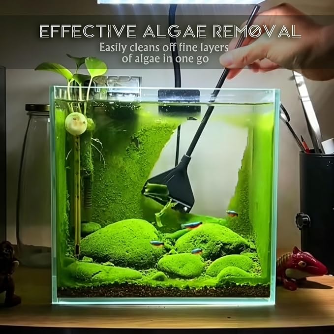 Fish Aquarium Cleaner Kit for Small Nano Tank, 3 in 1 Aquarium Glass Tank Cleaning Kit with Detachable Rod, Algae Scraper, Triangle Flat Brush, Right Angle Brush, Replacement Blade