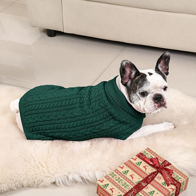 2 Pack Dog Sweaters for Medium Dogs Winter Turtleneck Pullover Cable Knit Fleece Stretch Frenchie Dachshund Pug Corgi Beagle Boy Girl Pet Clothes (L, Red & Green)