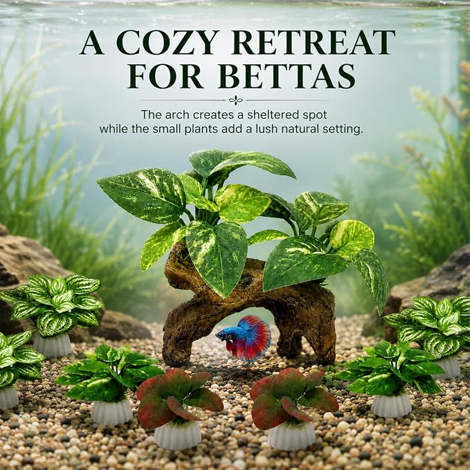 9-Pack Silk Aquarium Plants & Driftwood Cave Fish Tank Decor Accessories | Soft Silk Plants Aquarium Decorations, Fish-Friendly, Small Fish Tank Decorations for Betta, Shrimp, Cichlid Tank & Reptiles