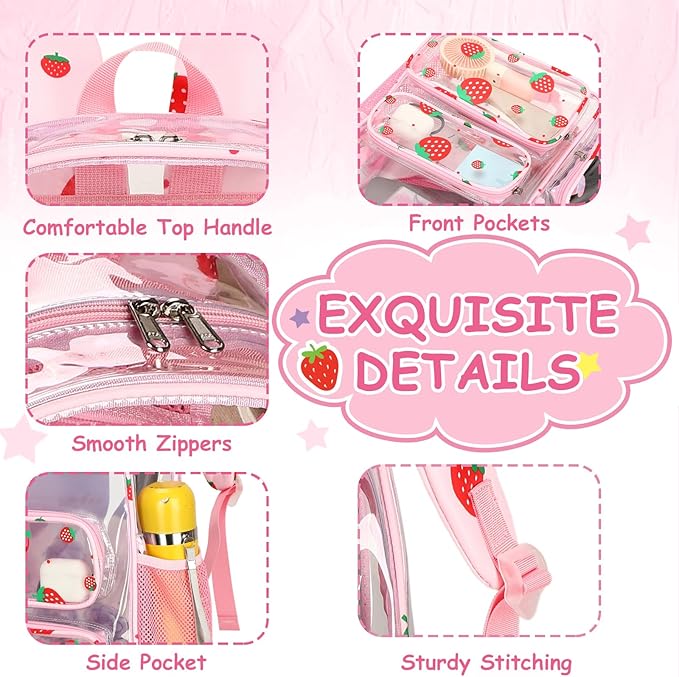 CAMTOP Clear Backpack Heavy Duty Transparent Bag See Through BookBag for Student School Work Festival Sport Travel (Clear Strawberry)